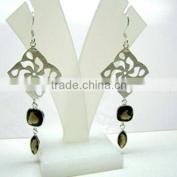 Smoky Quartz Cushion & Marquise Gemstone Facet Earrings, 925 Solid Sterling Silver Earrings, Designer Two Stone Dangle Earrings