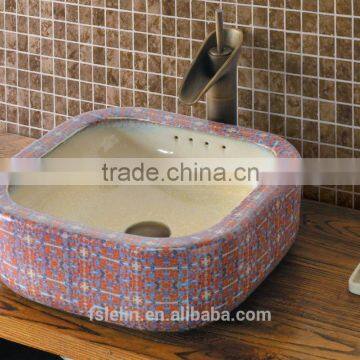 Handpainted ceramic art basin colorful countertop round sink porcelain flower edge bowl vanity top GD-F18