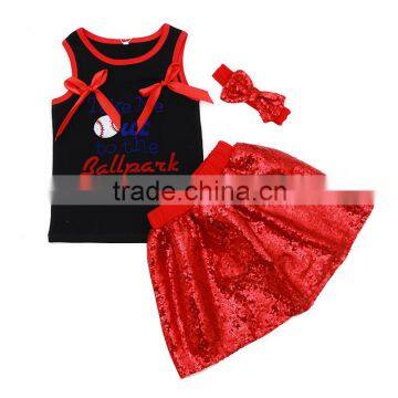 Wholesale black tank top and red sequin skirt with matching headband baseball girl sport wear