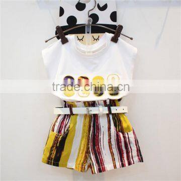 2016 New Design Summer Cotton Letters Printed Girl Clothing Set, T-shirt and Short Pants Suit for Kids