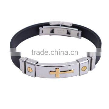 New Arrival Black Silicone Bracelet Fashion Cross Design Stainless Steel Bangles