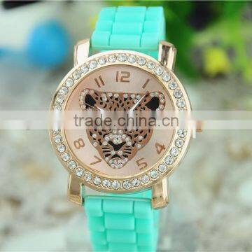 diamond tiger dail rose gold stainless steel case silicone bracelet wrist watch