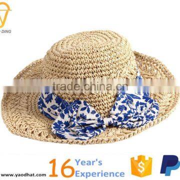 ladies handmade corchet bowknot natural grass bucket straw hats