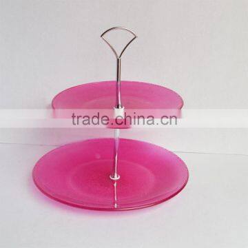 Red Color Glass Dinning Plate Set With Sliver Plating Metal Stand photo-2