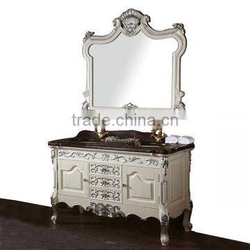 Classic Elegant Pure White Custom Solid Wood Double Sink Bathroom Cabinet with Decorative Silver Floral Patterns BF12-05204a