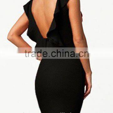 2016 Sexy Black Open Back Ruffle Knit Bodycon Evening Dress HSD2207 photo-3