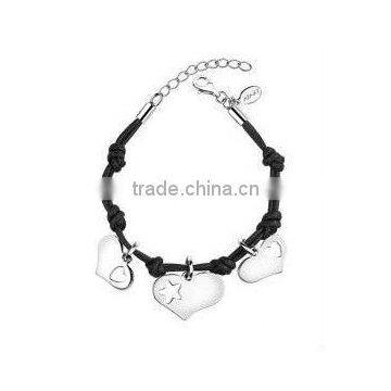 fashion wax string knotted bracelet with heart charms, fashion charm bracelet jewelry