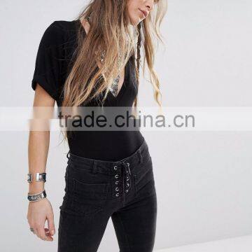 Plain Black V Neckline Short Sleeve Women Bodysuit Custom Made Bodysuit With Your Own Logo High Quality photo-2