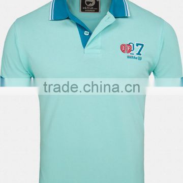 2015 stylish men new design sky blue polo t-shirt with applique embroidery logo OEM for brand name