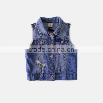 S60590B 2017 Girls Vest Turn Collar Children Clothes Embroidery Waistcoats Sleeveless Kids Jeans Jackets photo-2