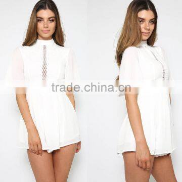 High Neck Lace Zipper Back White Short Jumpsuits Women Chiffon Playsuit photo-3