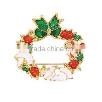 Pin Brooches Christmas Wreath Gold Plated Red & Green Enamel Womens Brooch