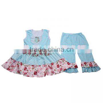 New arrivals summer sea blue baby girls dress ruffle pants clothing set kids chevron print floral girls boutique outfits factory