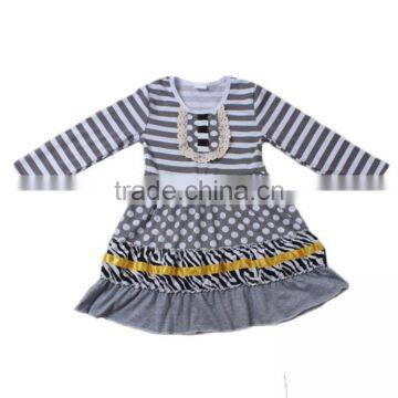 2017 wholesale children's boutique dress grey color stripe frock design for baby girl