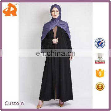 custom high quality plain black open abaya 2017,latest designs abaya coats with black lace