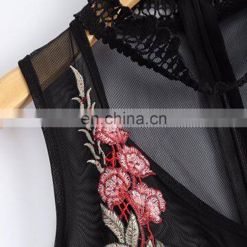 Women Sexy&club Bodysuit Black Net Mesh Hollow Out Embroidered Rose Patchwork Sleeveless Blouse photo-6