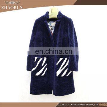 Top Quality Australia Sheepskin Coat Women Dark Blue Winter Cashmere Long Fur Coat