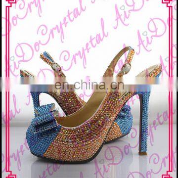 Aidocrystal handmade golden color with blue head-bows crystal slingback closed toe high heel shoes for party