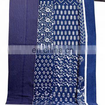 Indian Indigo Blue Abstract Design Kantha Quilt Handmade Bedspread Throw Cotton Queen Size Blanket Patchwork Print photo-5