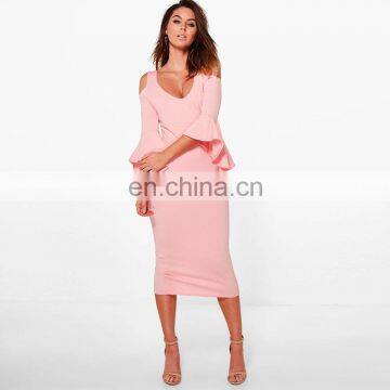 New fashion custom plain pink bell sleeve cold shoulder sexy women dress