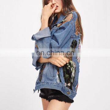 Fashion Women Outerwear Clothes Embroidered Mesh Insert Denim Jacket photo-3