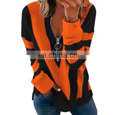 2021 European and American cross-border Amazon temperament chest zipper V-shaped strip printing long-sleeved T-shirt