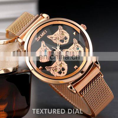 SKMEI 1767 Cat Pattern Women Stainless Steel Mesh Band 30m Water Resistant Lady Wrist Watch With Magnetic Buckle photo-3