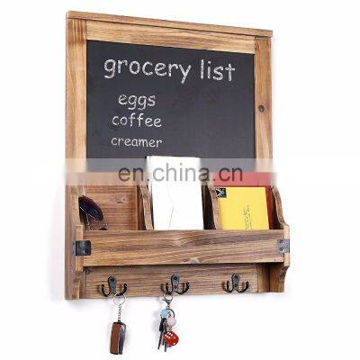 Rustic Burnt Wood Wall-Mounted Entryway Organizer with Chalkboard Sign & Key Hooks