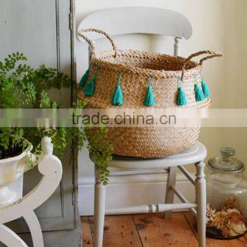 High quality best selling eco-friendly Natural seagrass storage basket with green tassels from Vietnam