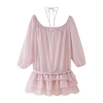 New Spring 2025 Women's Cross border 3D Flower Folded Texture Ruffle Edge Dress from Europe and America