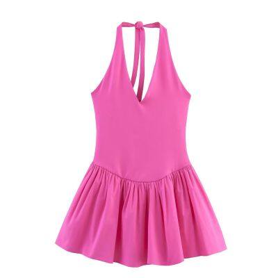 2025 New European and American Fashion Hanging Neck Collar Splicing Dress
