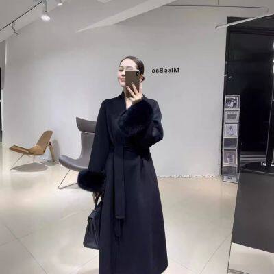 Hepburn Style Woolen Coat With a High-end Feel, French Fox Fur Cuffs, Fur, Wool, Double-sided Woolen Coat, Medium Length photo-2