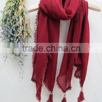 Fashion Latest Large Long Plain Cotton Linen Embroidery Lace Brim Tassel Scarf Shawl photo-3
