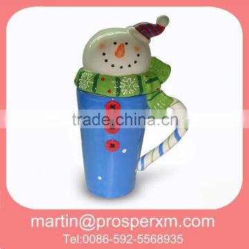 Christmas ceramic snowman tall mug with lid