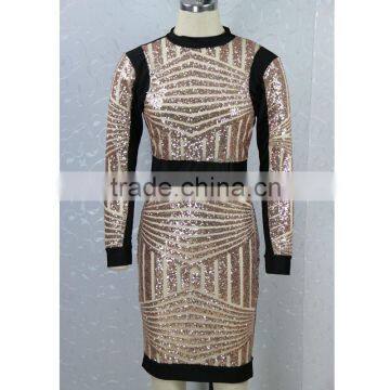 Womens Sexy Gold Sequin Bodycon Dress Long Sleeve Club Dress photo-2