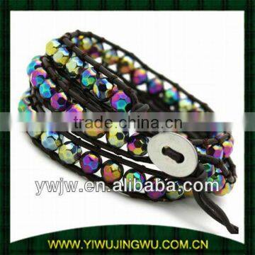 Metallic Bead Leather Shambala Bracelet (JW-G2572)