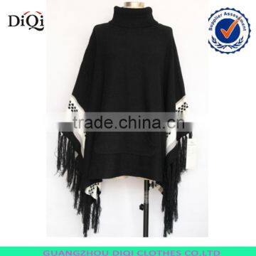 fringe trim and turtleneck knitwear black poncho sweater