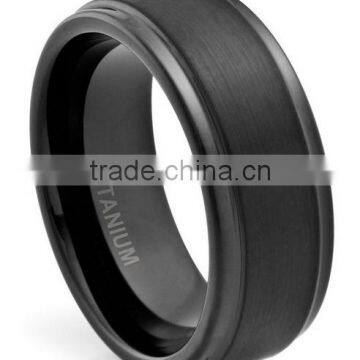 8MM Comfort Fit Titanium Wedding Band Engagement Ring with Black Plated and Brushed Top finish Grooved Polished Edges