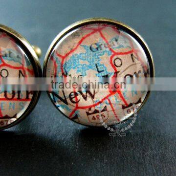 20mm Vintage Antiqued Bronze New York Old Map Art Collage Glass Cabochon Round Cufflinks Fashion Wedding Cuff Links 6600040
