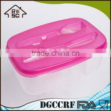 Microwave safe plastic 2 compartments lunch box with fork and knife on lid