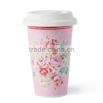 12oz Pink Flower Design Ceramic Double Wall Tumbler