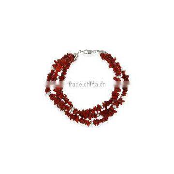 wholesale 7" 3 row 3-8mm cheap red coral chip charm bracelet with silver tone spacers