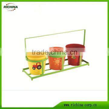 Galvanized metal plant Pot set with holder,customized artwork design