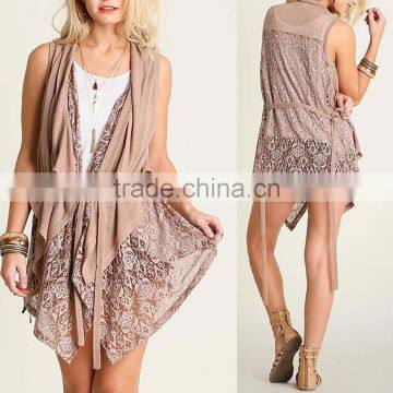 Women Lace Trim Printed Vest With Tie For Layered Outer Wear