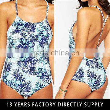 Summer spaghetti strap floral print quick dry women one piece bathing suit