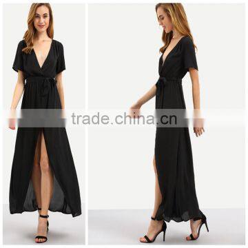 Woman Short Sleeve Black V neck Tie Waist Chiffon Maxi Wrap Type Maxi Dress