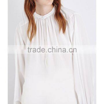 Wholesale Women Fashion Band Collar Long Sleeves White Pleated Silk Crepe De Chine Blouse(DQE0156T) photo-5