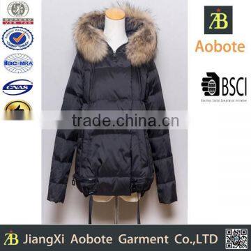 2015 New Design Short Ladies Black Designer Coat With Hoody