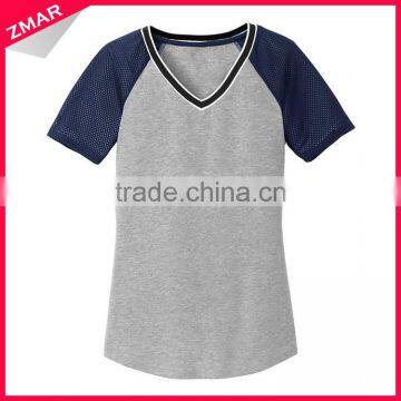 Wholesale raglan sleeve slim fit women 100% polyester v-neck t-shirt