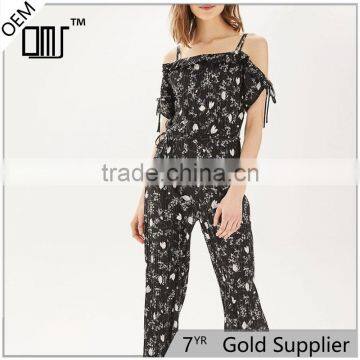 2017 spring polyester off-shouldert black print romper womens